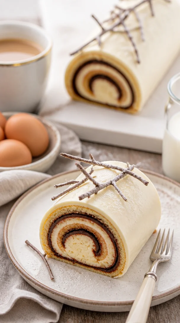 Winterliche Biskuitrolle mit Schokolade auf einem festlich gedeckten Tisch
