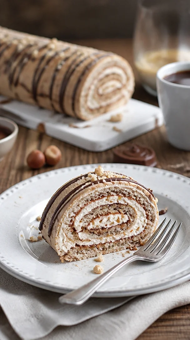 Winterliche Glühwein-Nuss-Biskuitrolle mit Nüssen und Gewürzen dekoriert