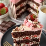 Leckere Yogurette-Torte mit rosa Sahne auf einem Teller