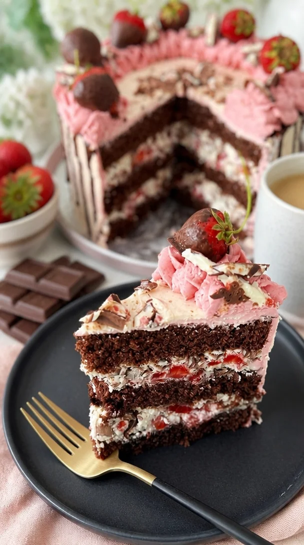 Leckere Yogurette-Torte mit rosa Sahne auf einem Teller