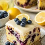 Zitronen-Blaubeer-Kuchen mit cremigem Cheesecake-Guss auf einem weißen Teller