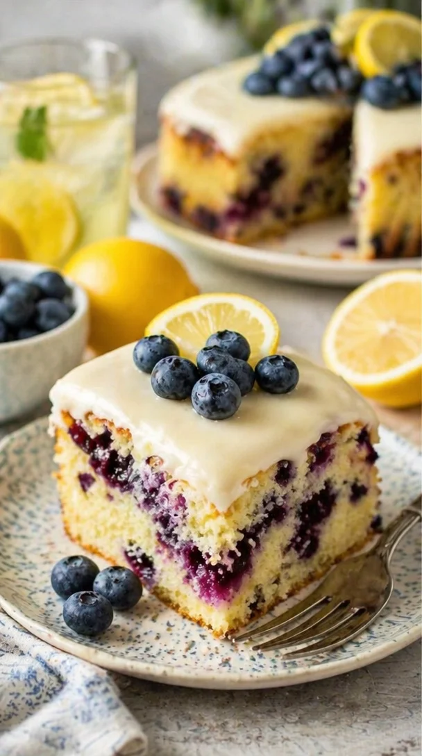 Zitronen-Blaubeer-Kuchen mit cremigem Cheesecake-Guss auf einem weißen Teller