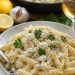 Zitronen-Feta-Pasta mit frischen Kräutern und Zitrone auf einem Teller