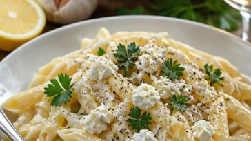 Zitronen-Feta-Pasta mit frischen Kräutern und Zitrone auf einem Teller