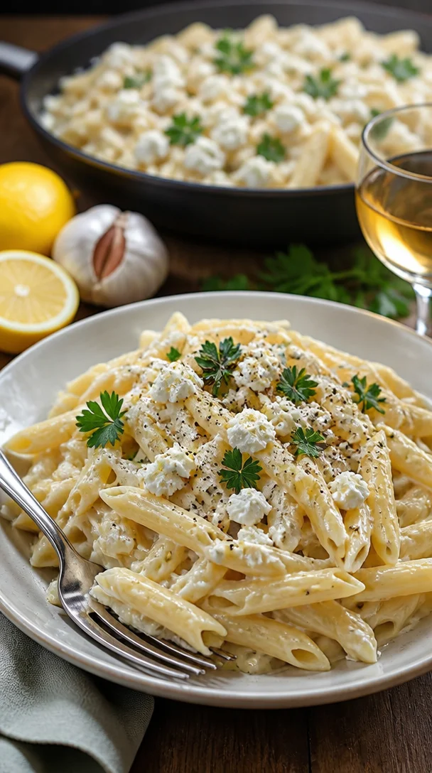Zitronen-Feta-Pasta mit frischen Kräutern und Zitrone auf einem Teller