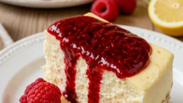 Zitronen-Himbeer-Käsekuchen auf einem Teller, perfekt für Dessertliebhaber.