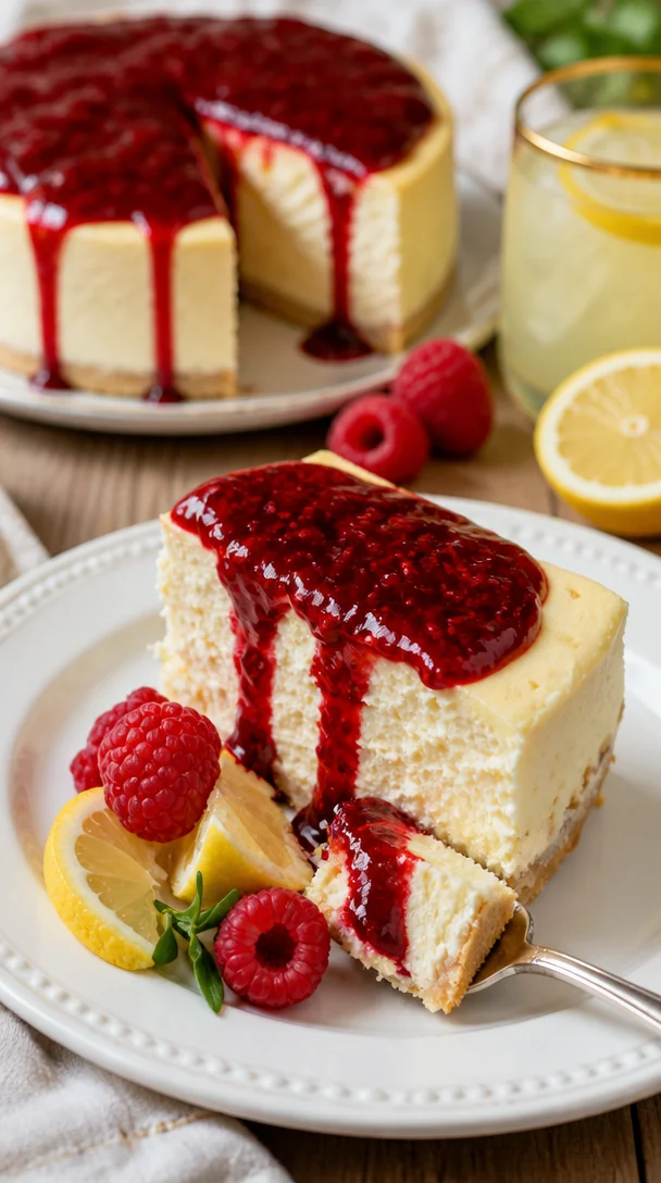 Zitronen-Himbeer-Käsekuchen auf einem Teller, perfekt für Dessertliebhaber.