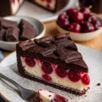 Zupfkuchen mit Kirschen auf einem Teller, dekoriert mit frischen Kirschen und Schokoladensauce.