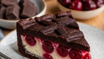Zupfkuchen mit Kirschen auf einem Teller, dekoriert mit frischen Kirschen und Schokoladensauce.