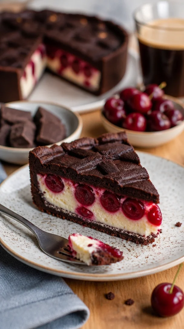 Zupfkuchen mit Kirschen auf einem Teller, dekoriert mit frischen Kirschen und Schokoladensauce.