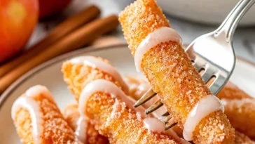 Knusprige und gesunde Air Fryer Apfel-Pommes auf einem Teller serviert.