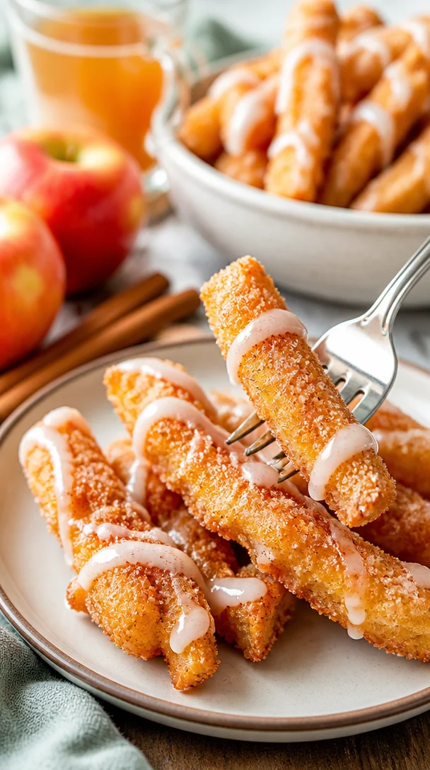 Knusprige und gesunde Air Fryer Apfel-Pommes auf einem Teller serviert.