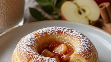 Leckere Apfel-Zimt-Teigringe frisch gebacken auf einem Teller.