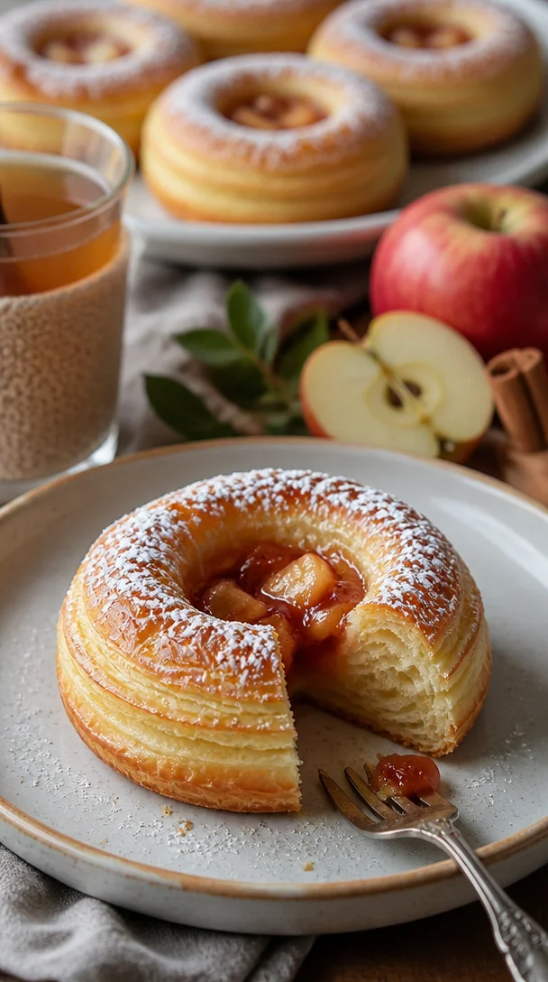 Leckere Apfel-Zimt-Teigringe frisch gebacken auf einem Teller.