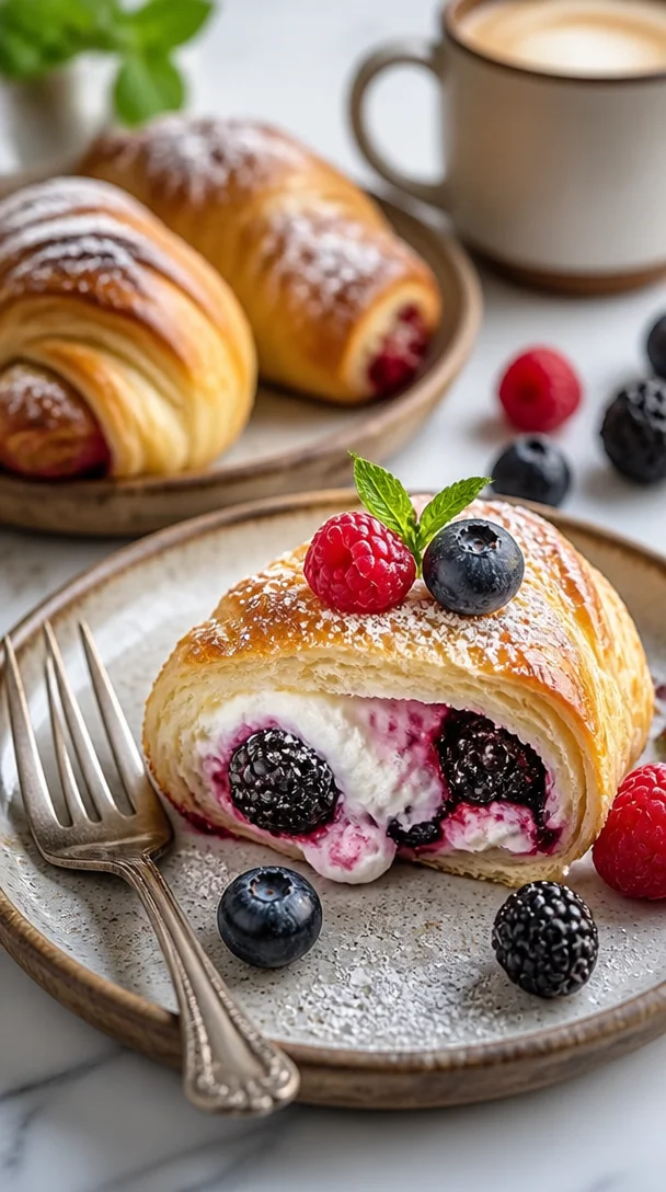 Beeren-Frischkäse gefüllte Croissants auf einem Teller