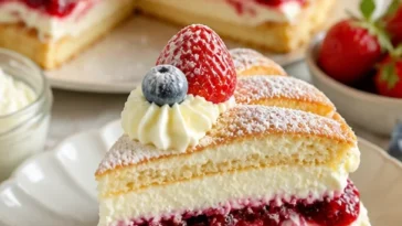 Leckerer Beeren-Sahne-Pastetenkuchen mit frischen Beeren und Sahne
