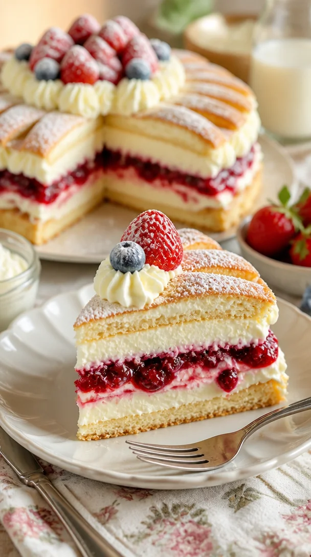 Leckerer Beeren-Sahne-Pastetenkuchen mit frischen Beeren und Sahne