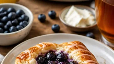 Blaubeer-Frischkäse-Blätterteig mit frischen Beeren und goldbraunem Teig