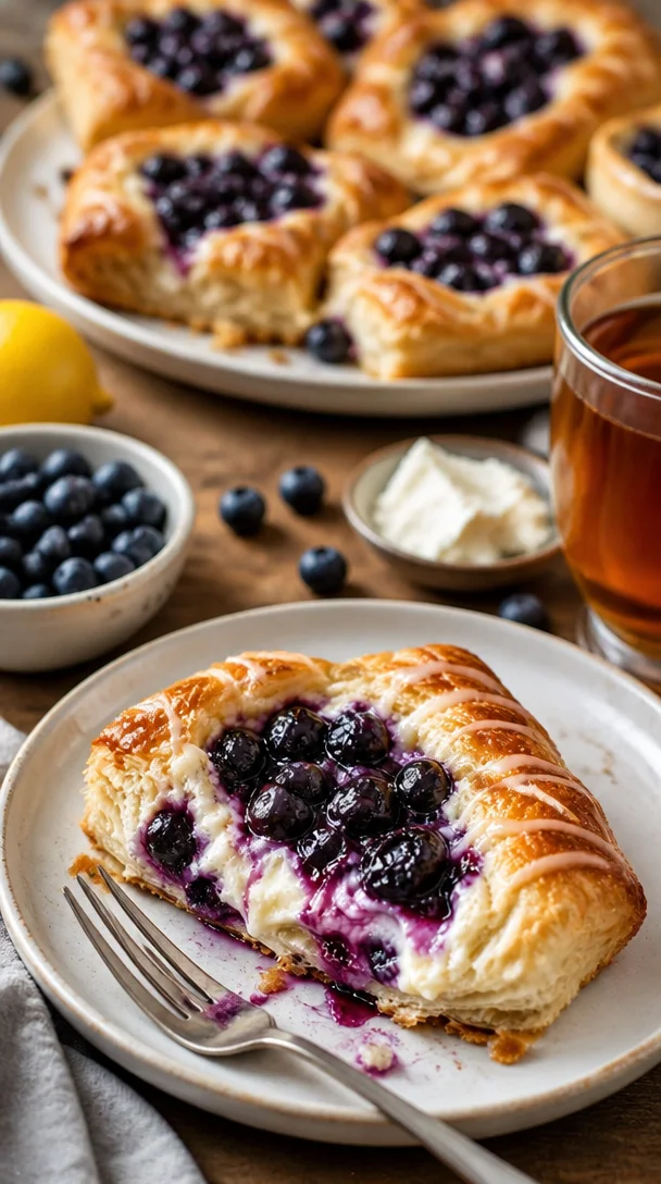Blaubeer-Frischkäse-Blätterteig mit frischen Beeren und goldbraunem Teig