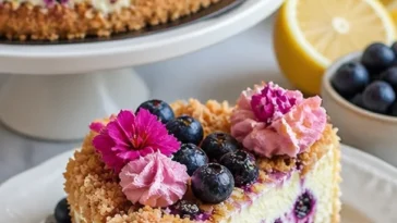 Blaubeer-Käsekuchen-Crumble mit frischen Blaubeeren und Streuseln