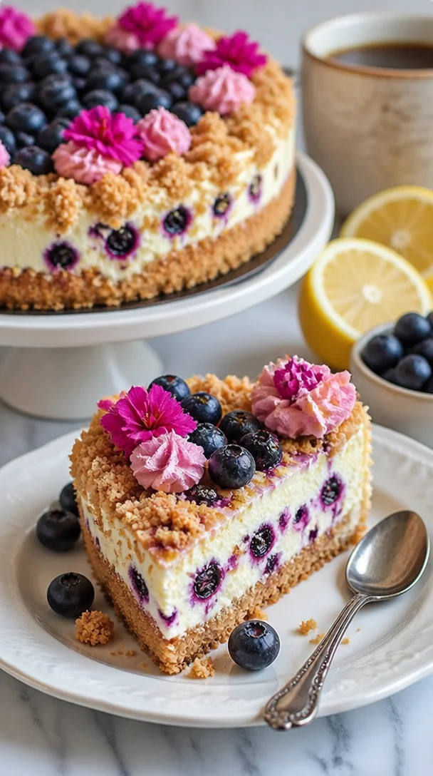 Blaubeer-Käsekuchen-Crumble mit frischen Blaubeeren und Streuseln
