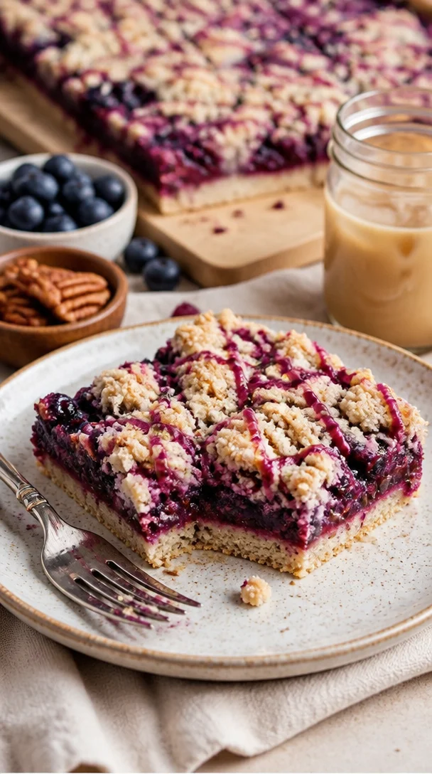 Blaubeer-Pecan-Crumble-Riegel mit frischen Blaubeeren und Pekannüssen