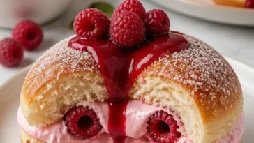 Brioche Donuts gefüllt mit Himbeercreme auf einem eleganten Teller