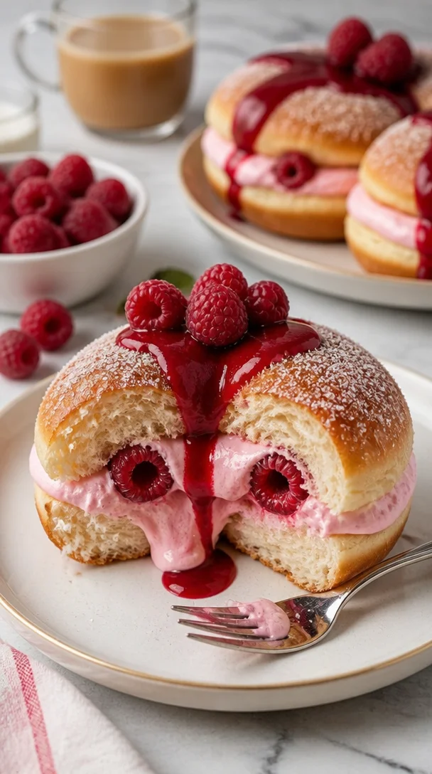Brioche Donuts gefüllt mit Himbeercreme auf einem eleganten Teller