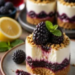 Brombeer-Käsekuchen-Parfaits mit frischen Brombeeren und Käsekuchen-Creme.