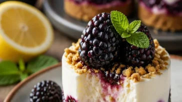 Brombeer-Käsekuchen-Parfaits mit frischen Brombeeren und Käsekuchen-Creme.