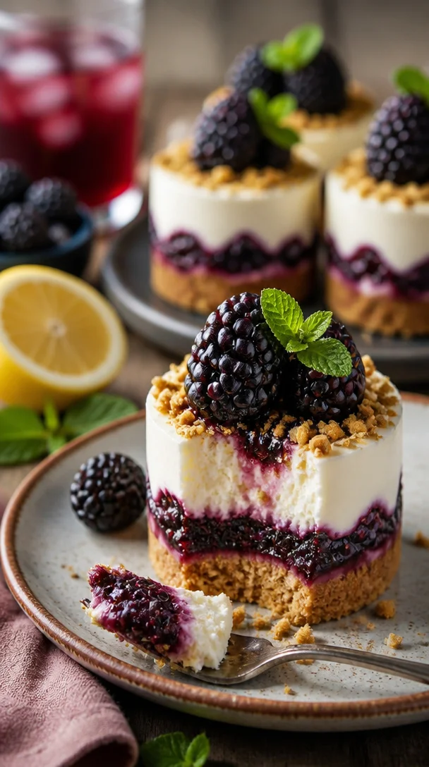 Brombeer-Käsekuchen-Parfaits mit frischen Brombeeren und Käsekuchen-Creme.