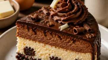 Brownie-Cheesecake-Geburtstagstorte mit Schokoladenstückchen und cremigem Käsebelag