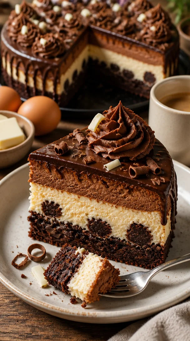 Brownie-Cheesecake-Geburtstagstorte mit Schokoladenstückchen und cremigem Käsebelag
