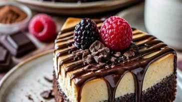 Köstliche Brownie-Käsekuchen-Geburtstagstorte mit Schokoladen-Topping