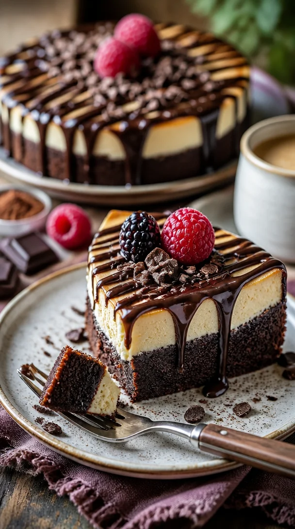 Köstliche Brownie-Käsekuchen-Geburtstagstorte mit Schokoladen-Topping
