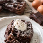 Gebackene brownie-waffeln serviert mit Schokoladensoße