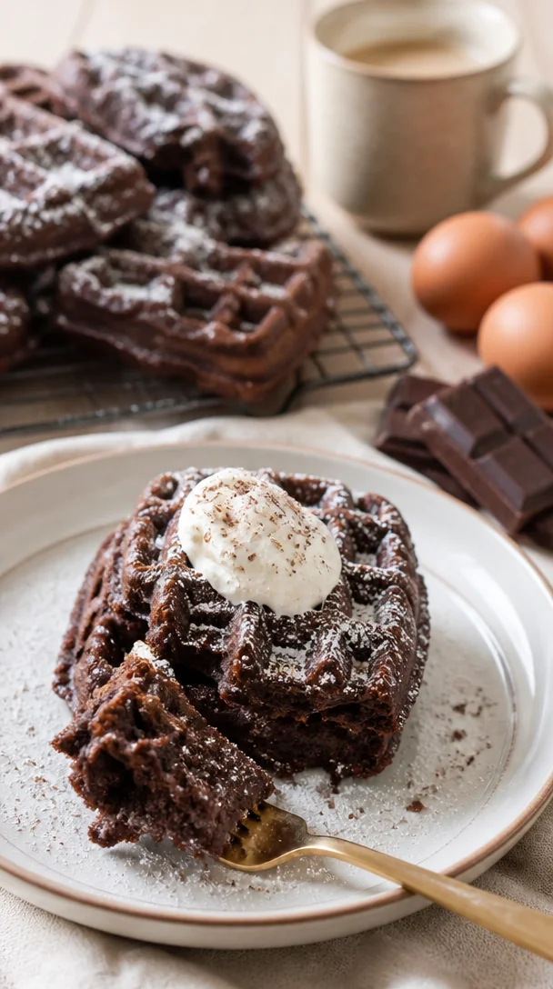 Gebackene brownie-waffeln serviert mit Schokoladensoße