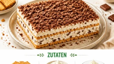 Butterkeks-Dessert mit Quark und Sahne in einer eleganten Dessertschale