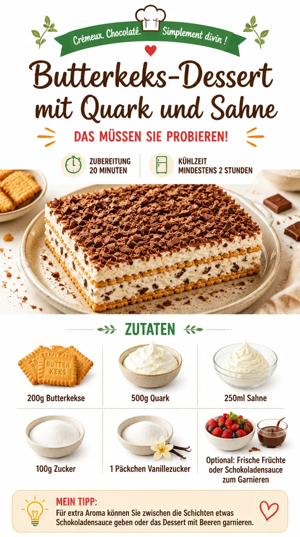 Butterkeks-Dessert mit Quark und Sahne in einer eleganten Dessertschale
