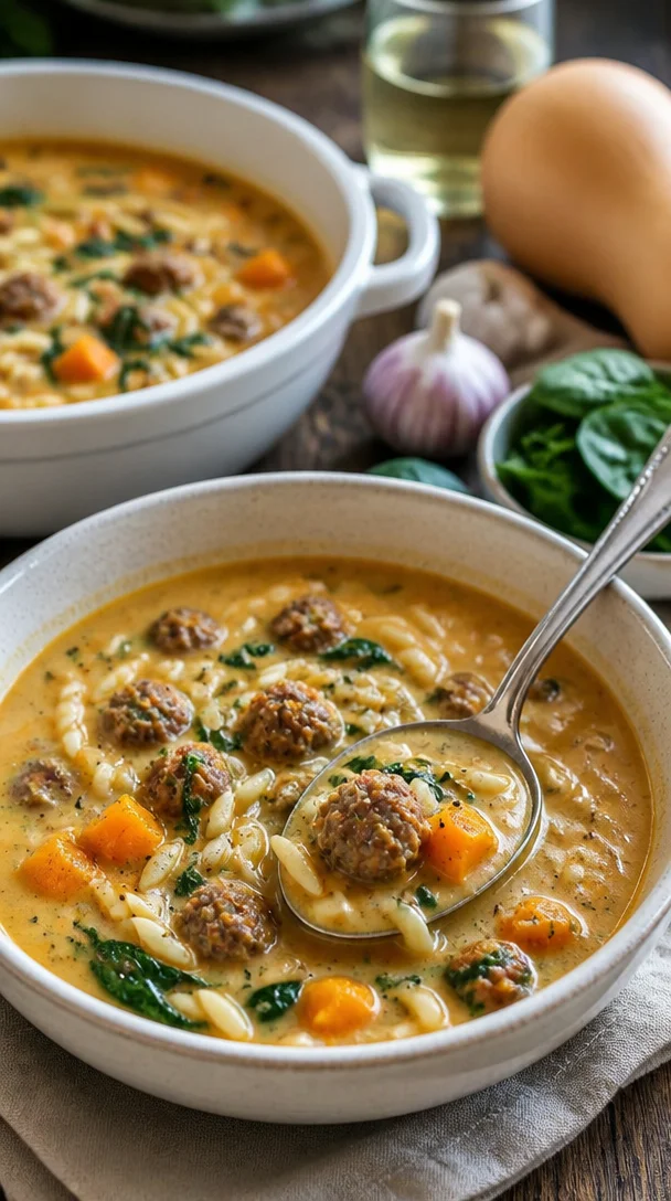 Cremige Butternut-Kürbissuppe in einer weißen Schale