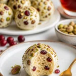 Cranberry-Pistazien-Trüffel mit weißer Schokolade auf einem Teller