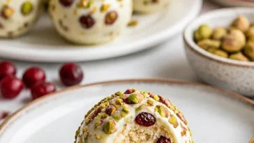 Cranberry-Pistazien-Trüffel mit weißer Schokolade auf einem Teller