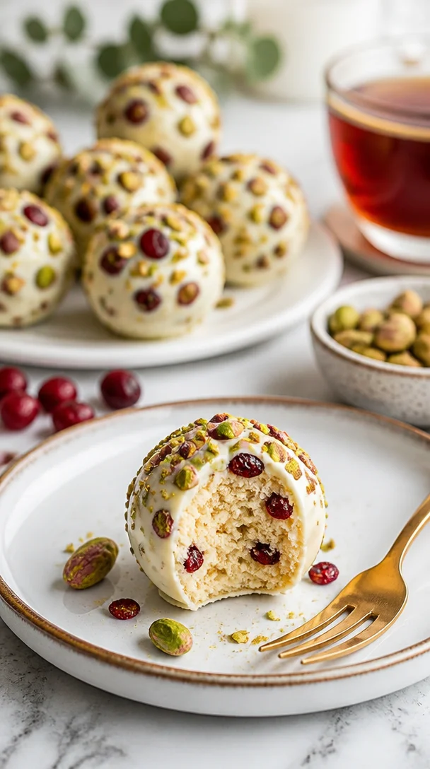 Cranberry-Pistazien-Trüffel mit weißer Schokolade auf einem Teller