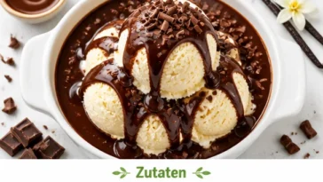 Cremiges Vanilleeis mit warmer Schokosauce in einer eleganten Schüssel