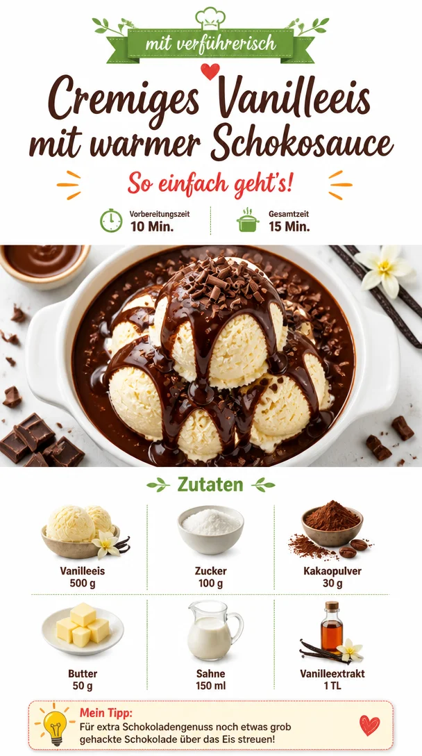 Cremiges Vanilleeis mit warmer Schokosauce in einer eleganten Schüssel