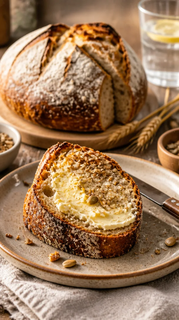 Knuspriges Sauerteigbrot mit Dinkel und Samen frisch aus dem Ofen