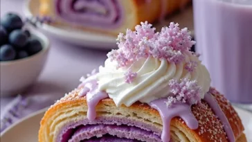 Dekadente Ube-Croissants mit lila Ube-Füllung auf einem Teller