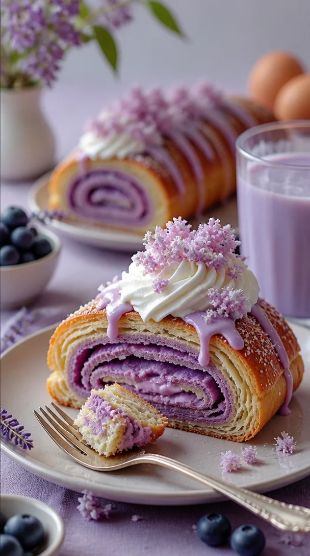 Dekadente Ube-Croissants mit lila Ube-Füllung auf einem Teller