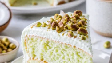 Dekadenter Kokosnuss-Pistazienpuddingkuchen auf einem eleganten Teller