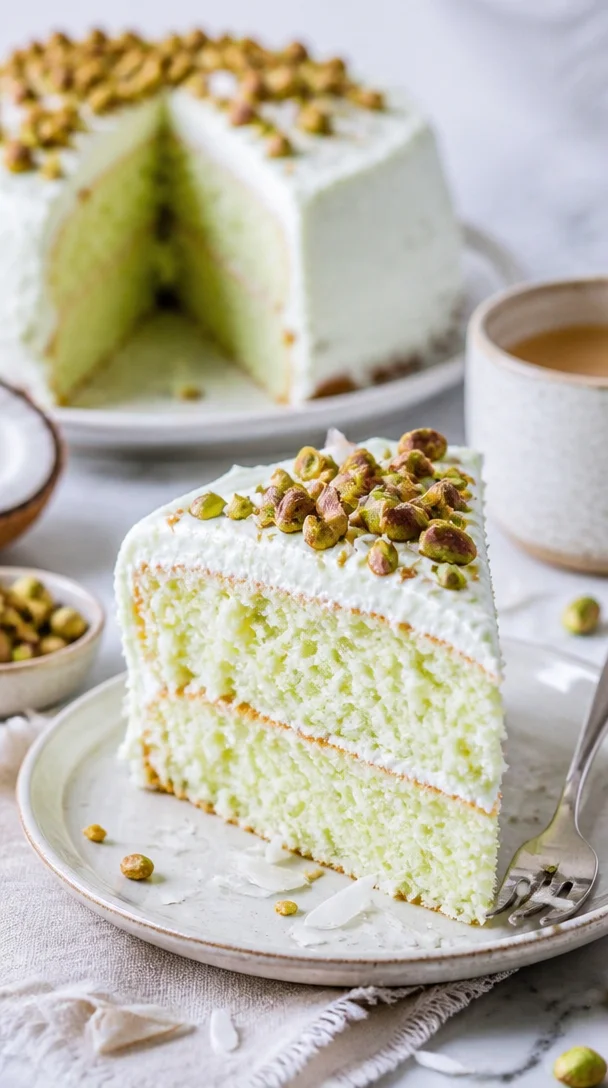 Dekadenter Kokosnuss-Pistazienpuddingkuchen auf einem eleganten Teller